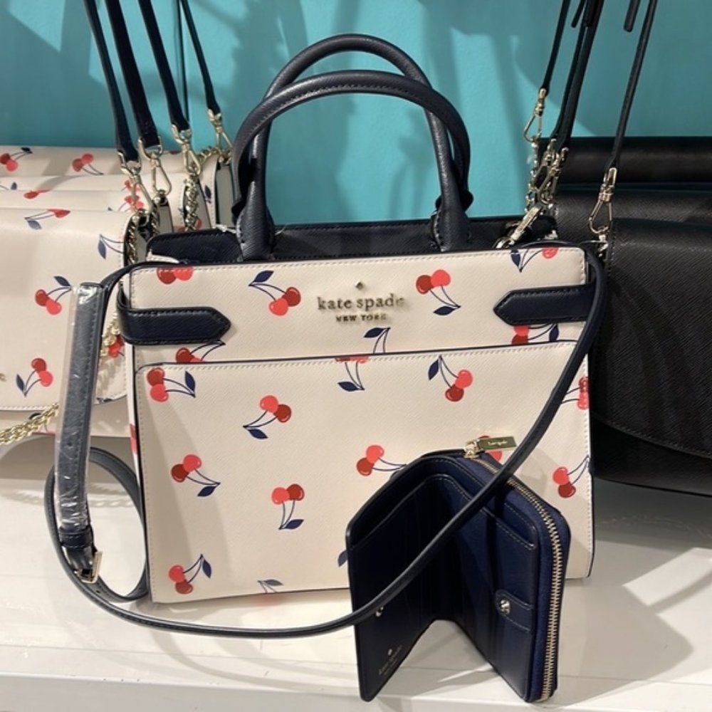 Kate Spade Cream & Cherry Satchel w/ Navy Trim AND wallet! - Open to Offers!